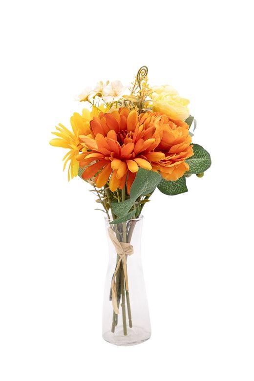 Vibrante bouquet artificial en tonos naranjas y amarillos