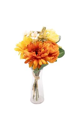 Vibrante bouquet artificial en tonos naranjas y amarillos