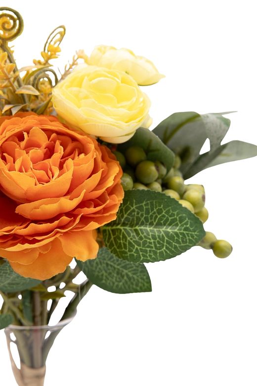 Vibrante bouquet artificial en tonos naranjas y amarillos
