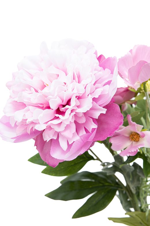 Vibrante ramillete artificial de peonía y ranúnculos rosas