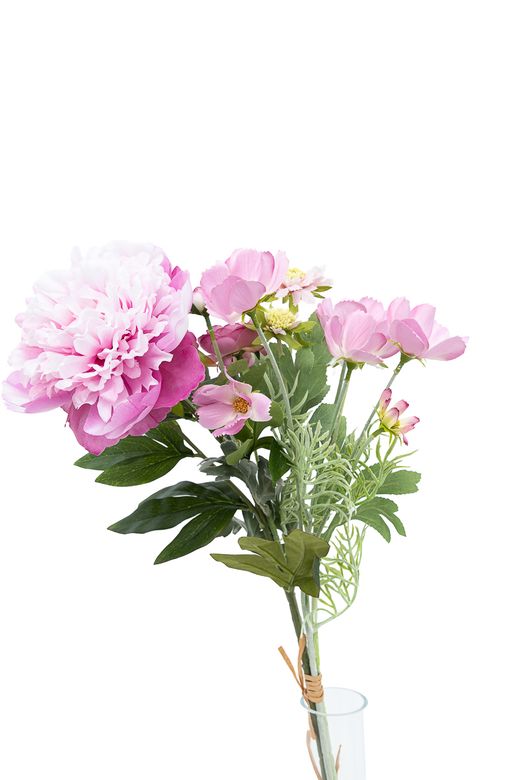 Vibrante ramillete artificial de peonía y ranúnculos rosas