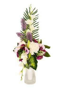 Vistoso ramo de flores artificiales para lápida de cementerio en colo blanco y morado