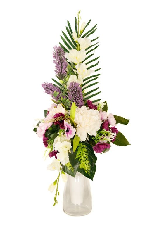 Vistoso ramo de flores artificiales para lápida de cementerio en colo blanco y morado