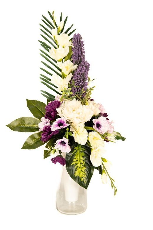 Vistoso ramo de flores artificiales para lápida de cementerio en colo blanco y morado