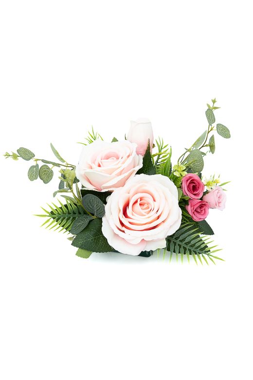 Vivaz centro floral pequeño de cementerio en colores rosas